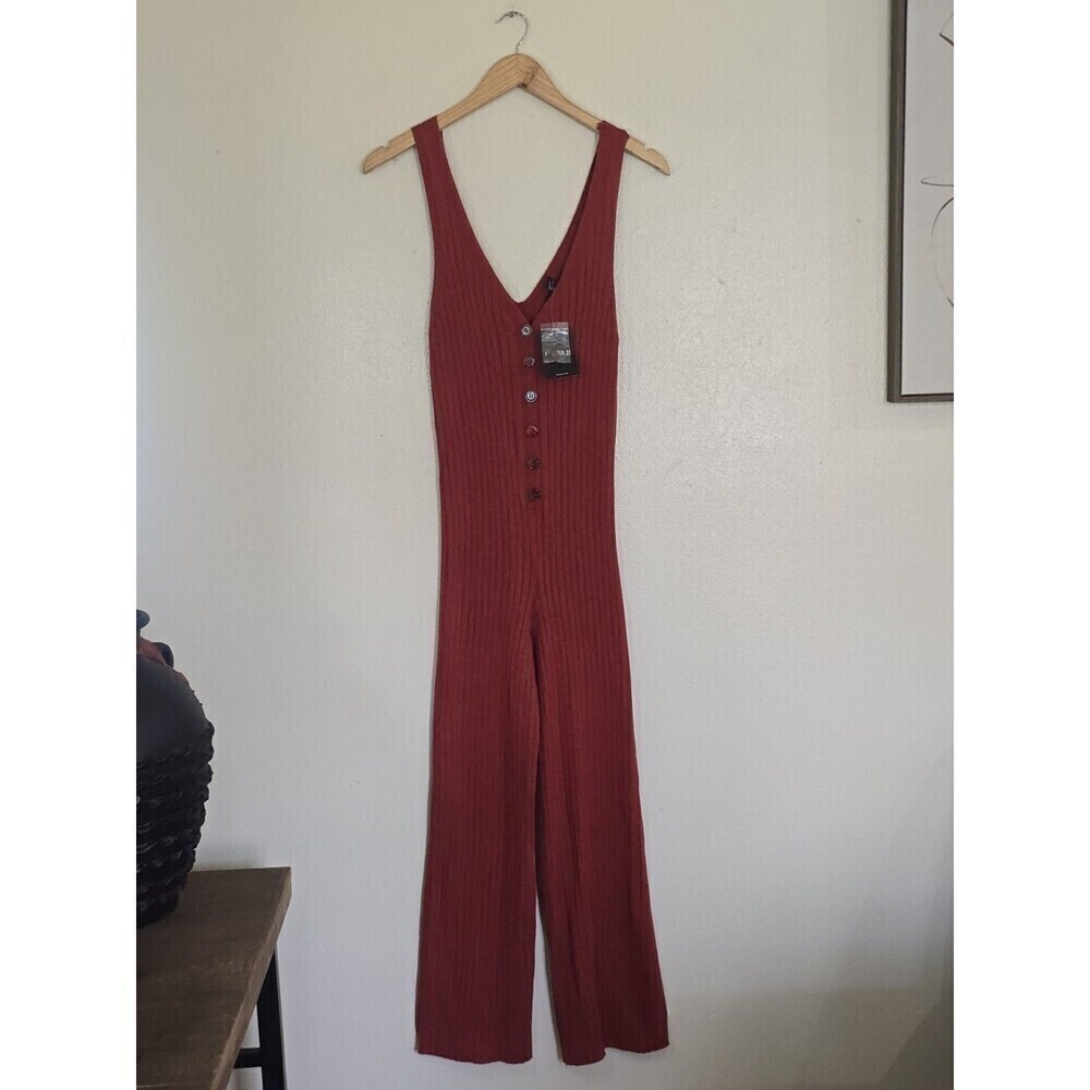 Forever 21 Ribbed Cropped Knit Jumpsuit Womens Size Medium Rust  V Neck - Picture 2 of 10